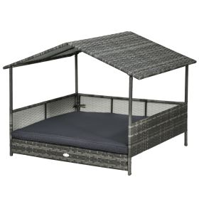 Rattan Outdoor Dog Bed with Canopy Soft Cushion Removable Cover Medium Large Dogs Gray