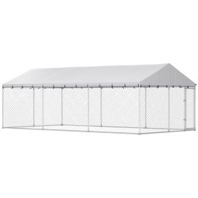 Heavy Duty Outdoor Dog Kennel with Waterproof Roof, 2 Secure Latches, Chain Link Dog Run for Backyard, 20' x 10' x 7' (Option: Silver-1560x270x280 mm)
